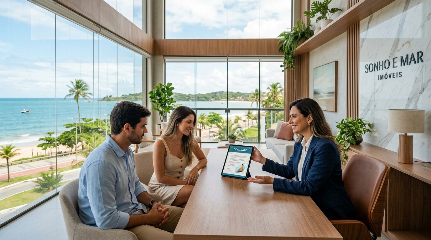 Corretor de imóveis utilizando tecnologia digital para apresentar contrato a clientes em Ilhéus