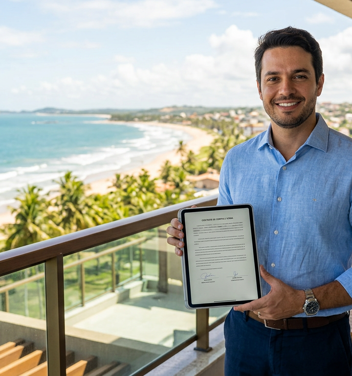 Corretor de imóveis utilizando tecnologia digital para negociação imobiliária em Ilhéus