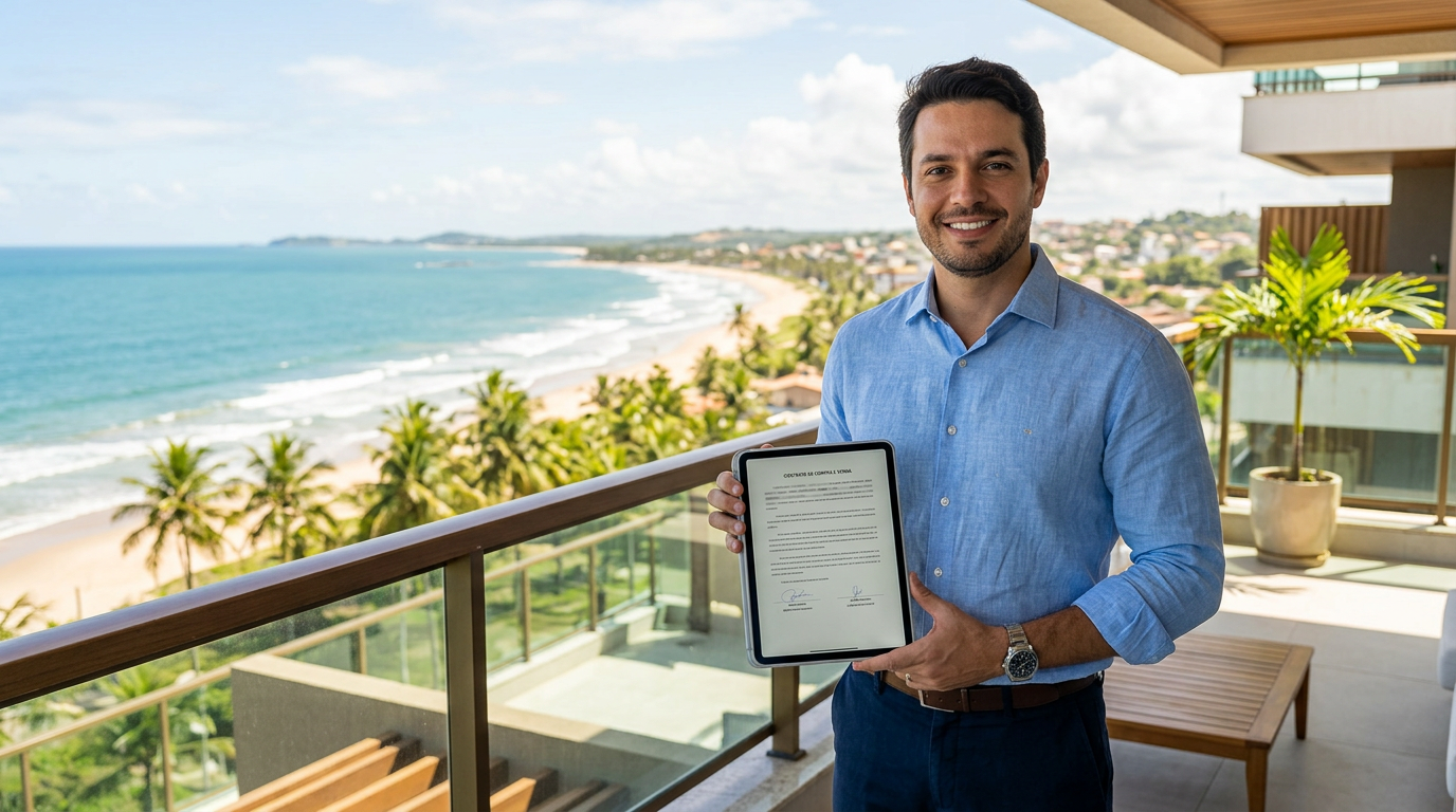 Corretor de imóveis utilizando tecnologia digital para negociação imobiliária em Ilhéus
