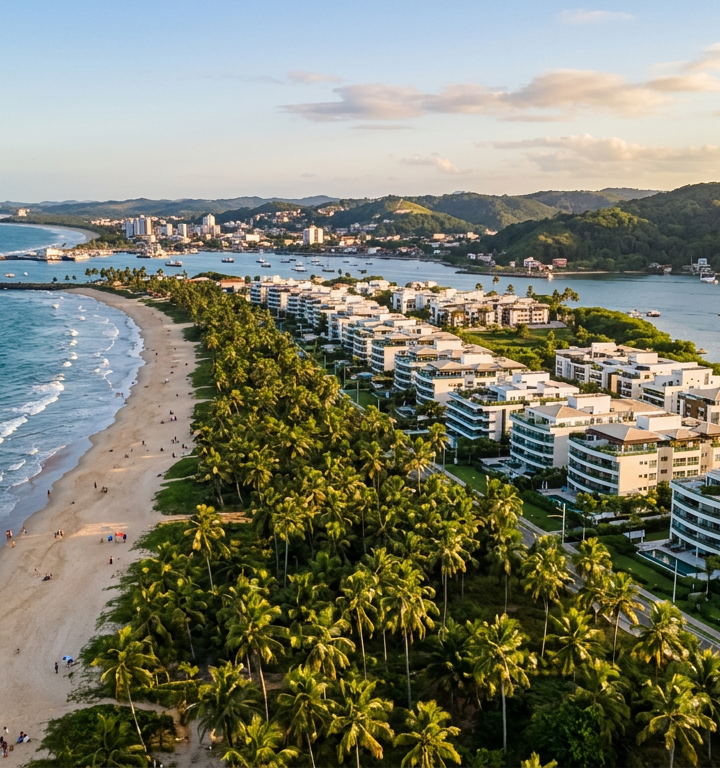 Vista panorâmica da orla de Ilhéus, Bahia, destacando a beleza natural e a infraestrutura imobiliária.