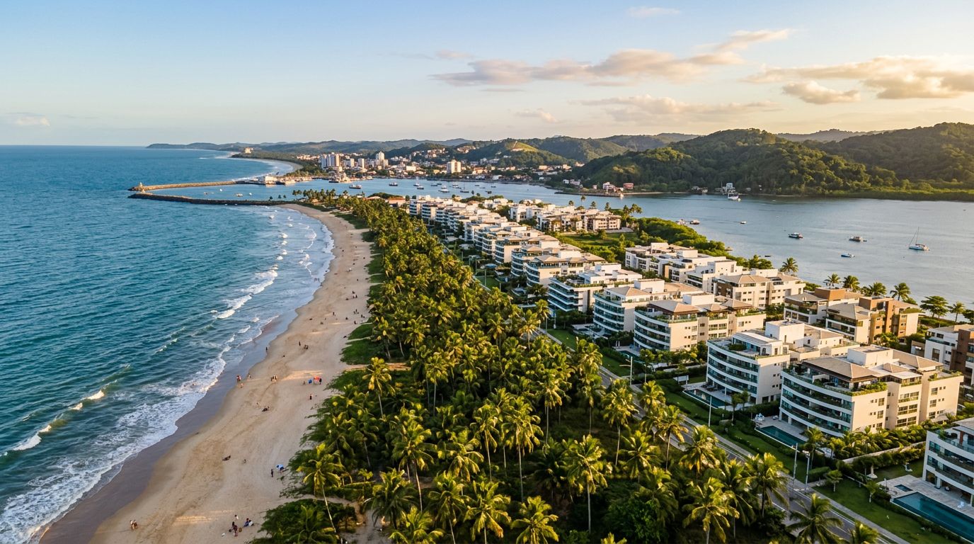 Vista panorâmica da orla de Ilhéus, Bahia, destacando a beleza natural e a infraestrutura imobiliária.