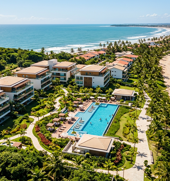 Condomínio residencial moderno na Zona Sul de Ilhéus com área de lazer e proximidade com a praia.